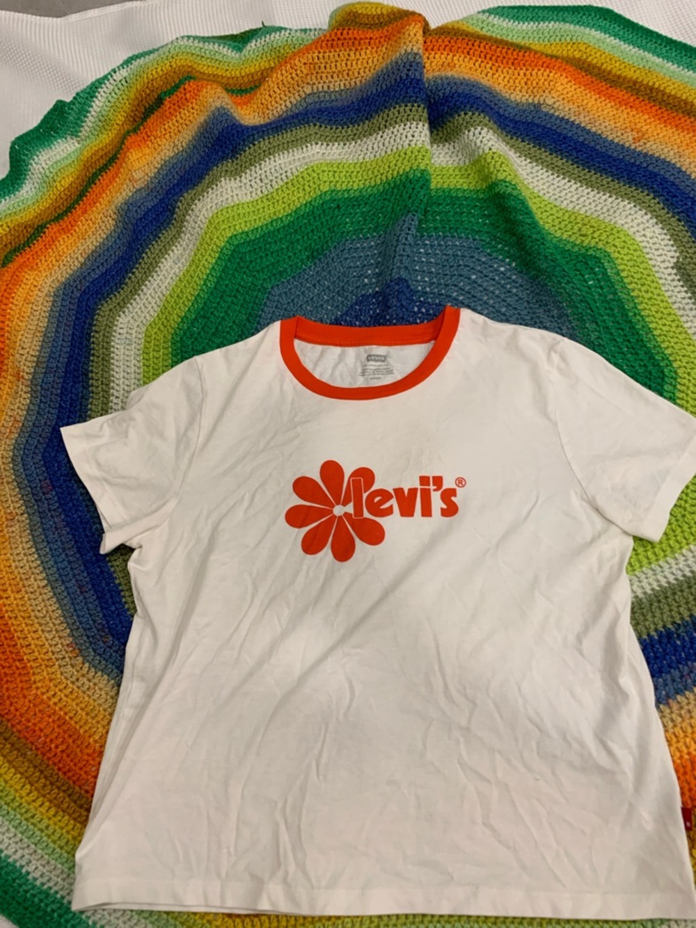 Levi's White Tee with Orange Flower Logo and Ringer Neck